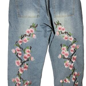 Women's Light Blue Embroidered Boyfriend Jeans w Floral Cherry Blossoms Design